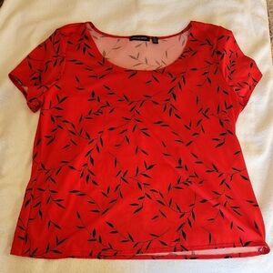Notations Red Tee with Black Leaf Pattern
